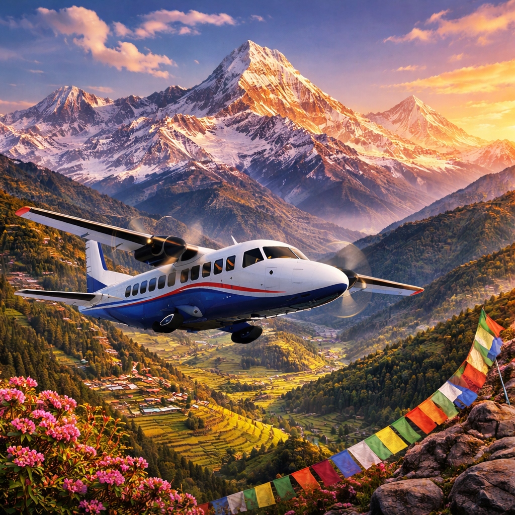 Annapurna aerial tour scenic flight over green valleys and mountains