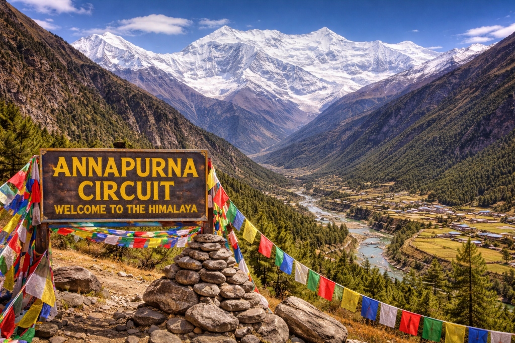 Annapurna Circuit Trek welcome sign with Himalayan valley and prayer flags