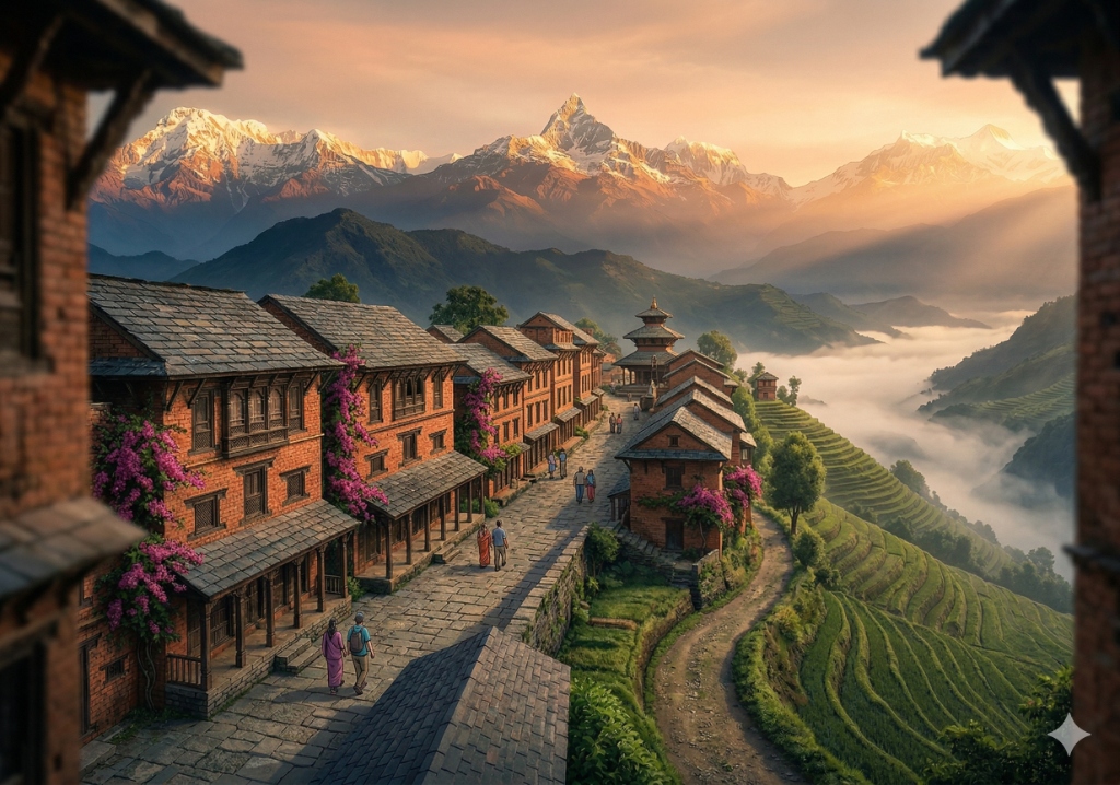 Bandipur hilltop village Newari houses terraced fields Himalayan sunrise