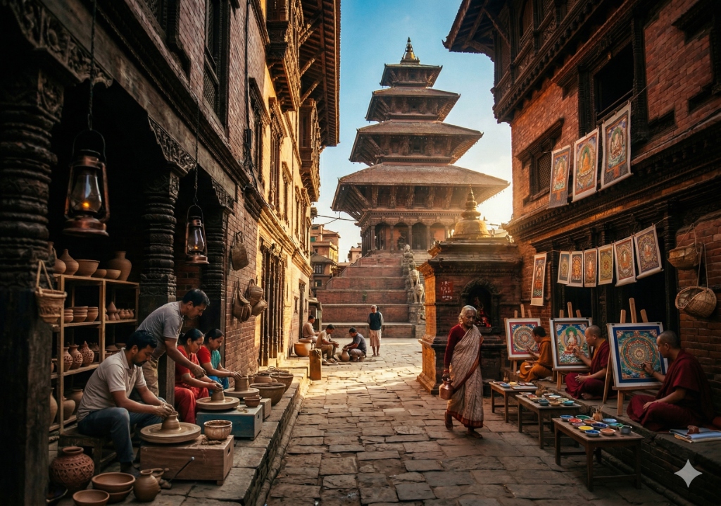 Bhaktapur pottery square thangka painting Nyatapola temple artisans