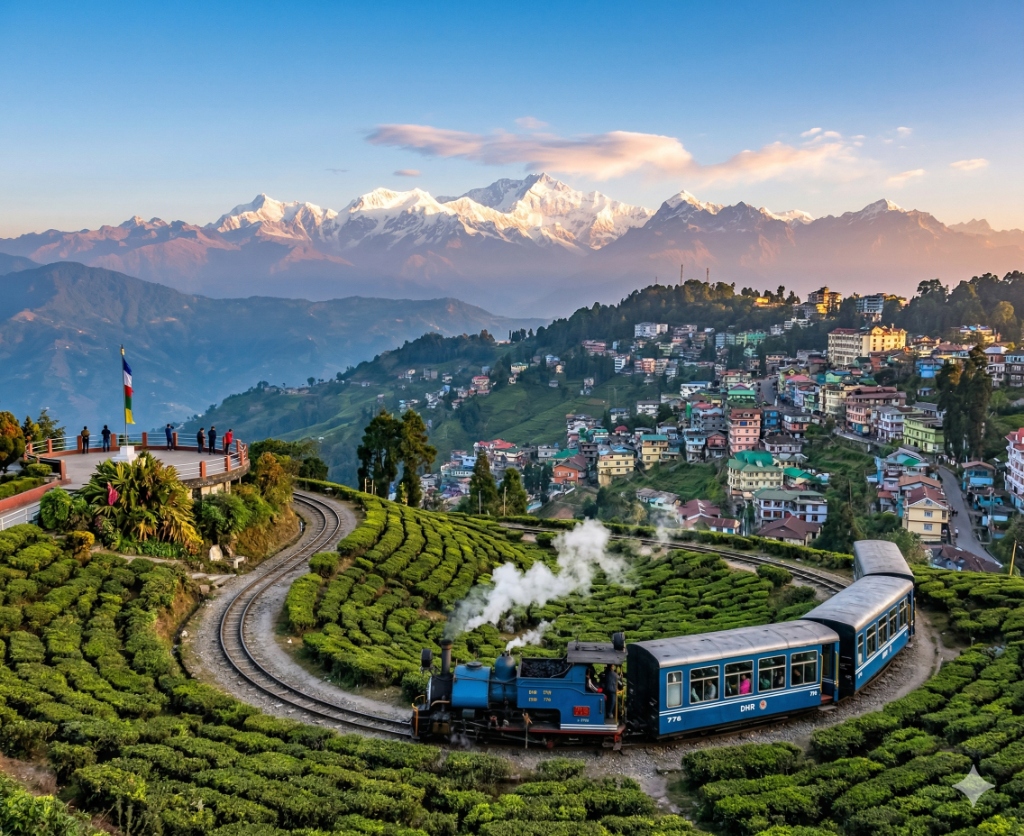 Darjeeling toy train tea gardens Kanchenjunga sunrise