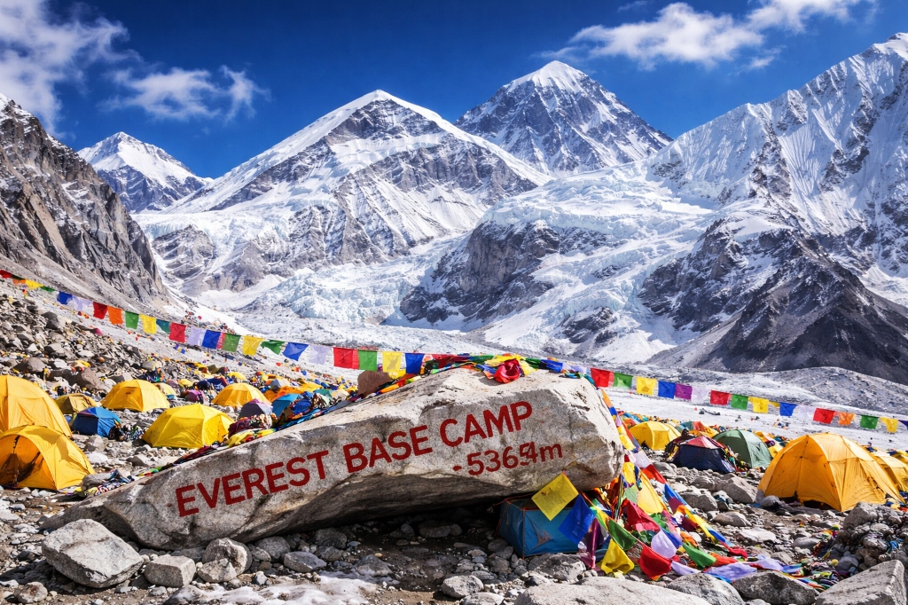 Everest Base Camp Trek with prayer flags and tents