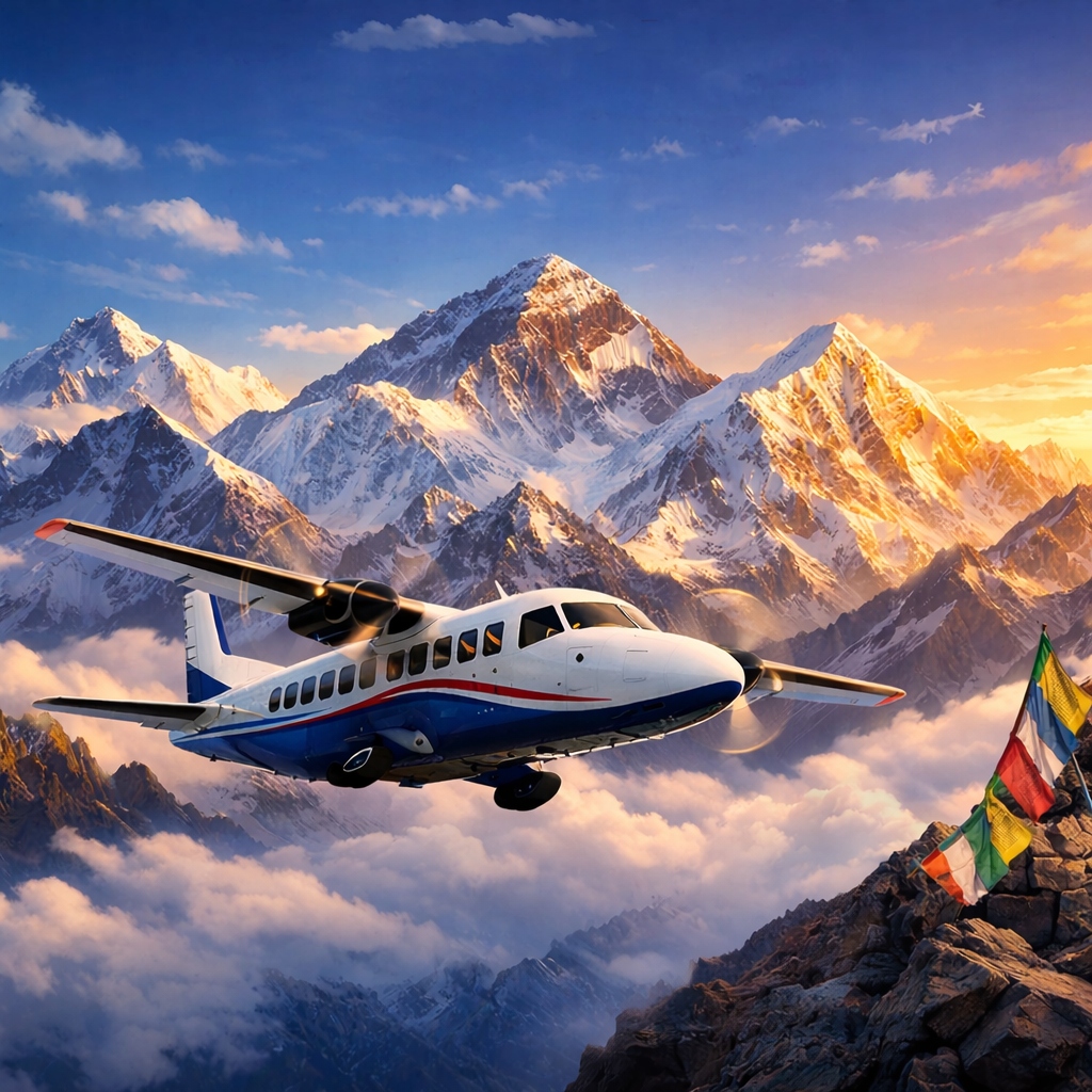 Everest scenic mountain flight airplane above clouds with Himalayan peaks