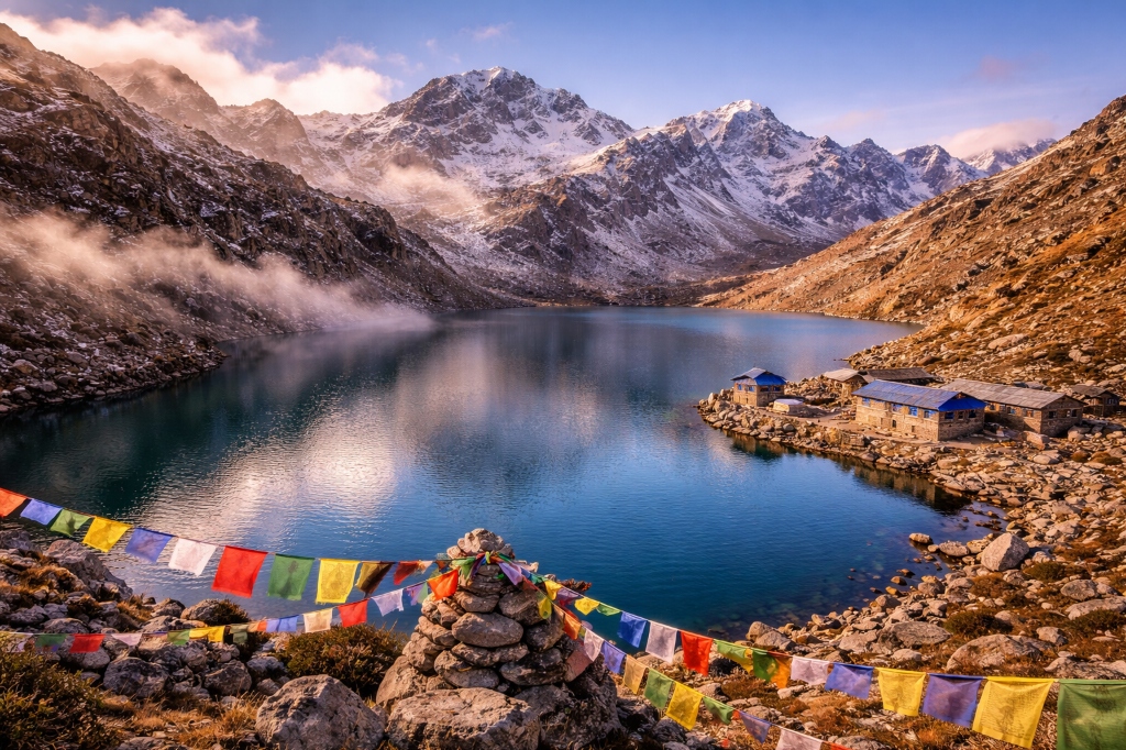 Gosaikunda sacred alpine lake with prayer flags and snow-capped mountains
