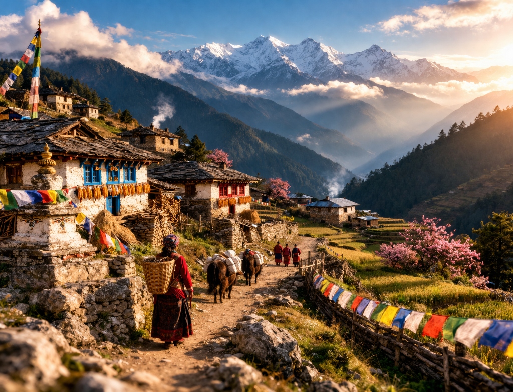 Helambu trek traditional Tamang village with Himalayan mountain views