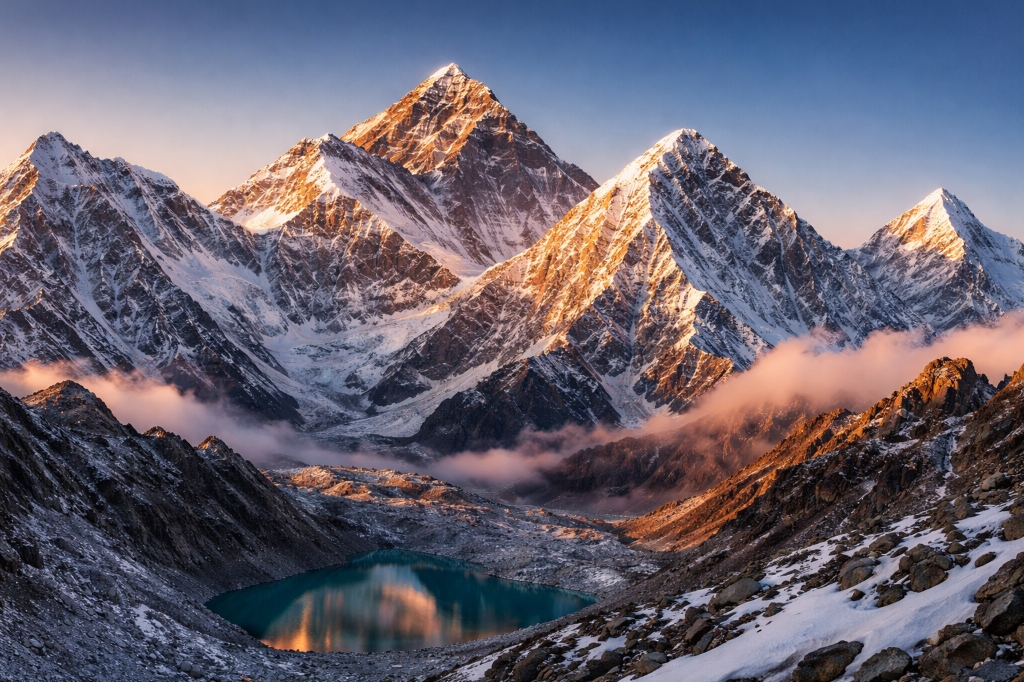 Everest and Himalayan peaks golden sunrise with alpine lake