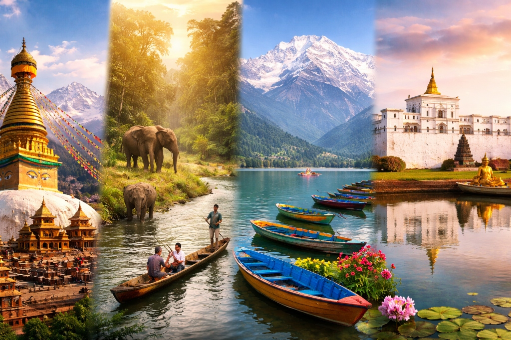 Nepal diversity collage temples, jungle safari, Pokhara lake, mountains