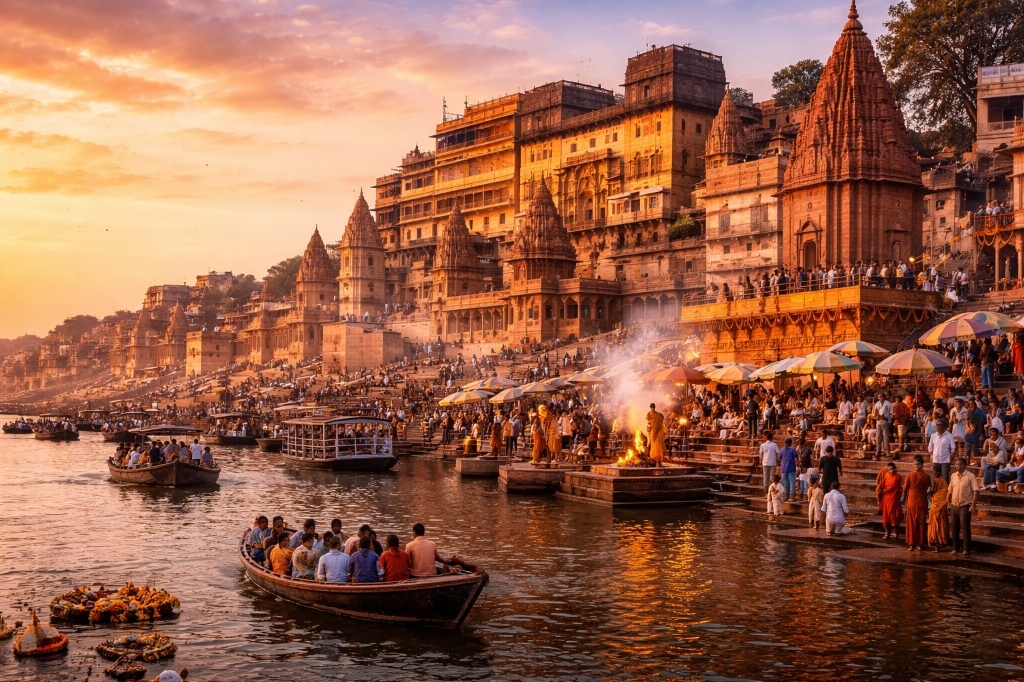 Varanasi Ganges River ghats with evening aarti ceremony
