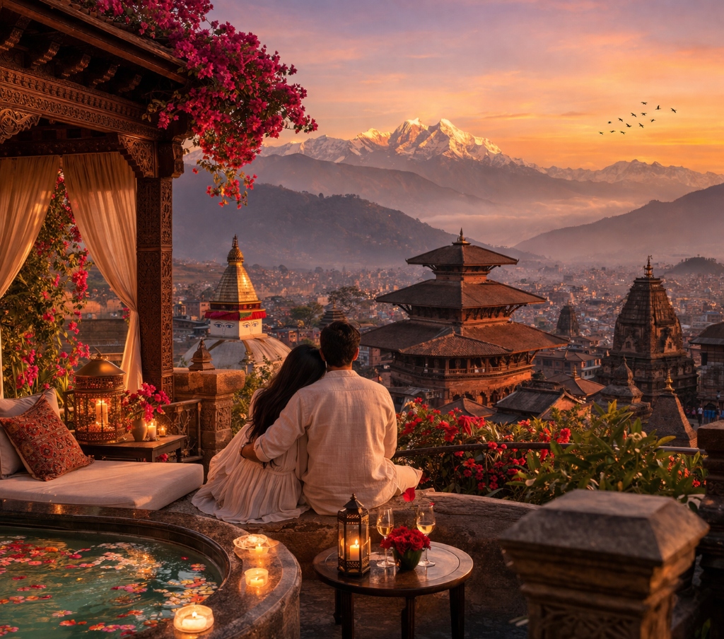 Romantic couple overlooking Kathmandu Durbar Square at sunset
