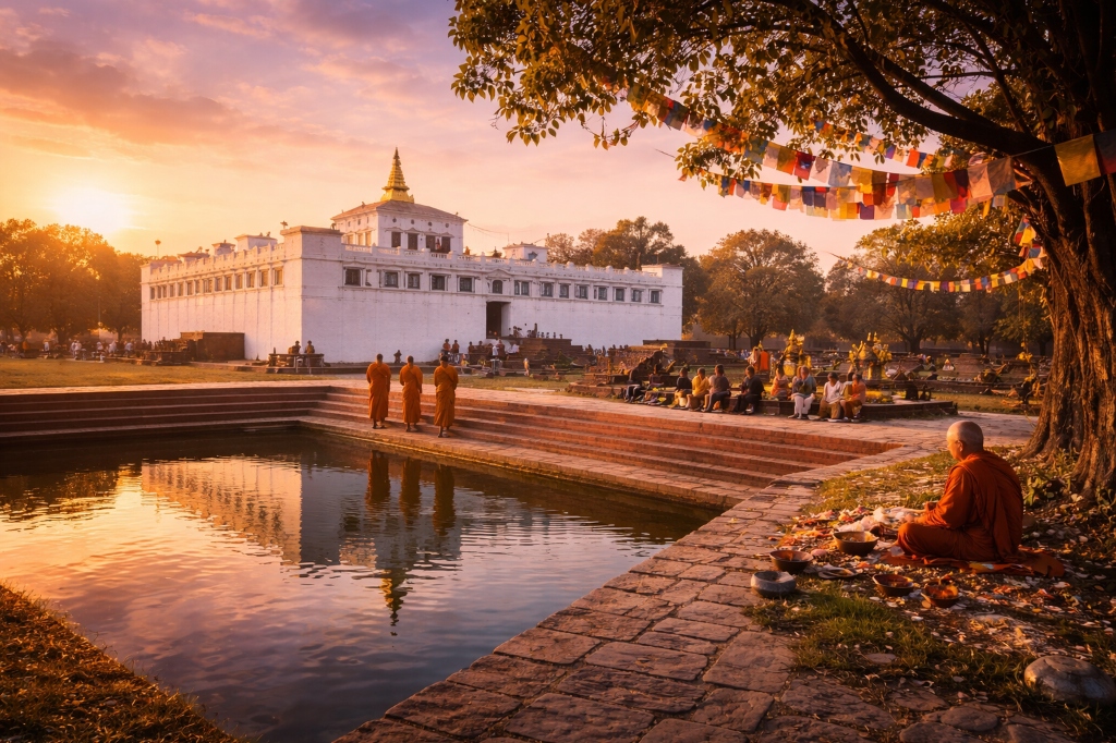 Lumbini Sacred Garden Maya Devi Temple with monks at sunset