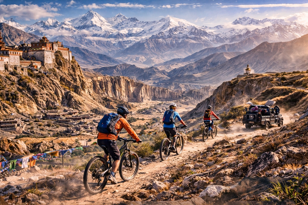 Mountain biking in Upper Mustang Nepal desert landscape with monastery