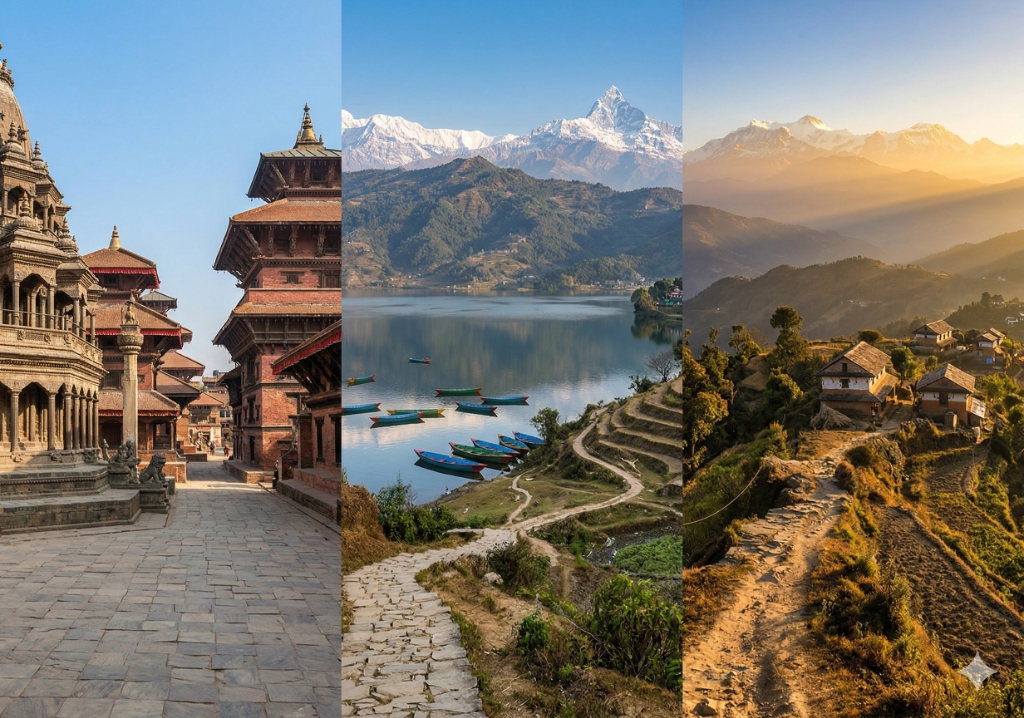 Nepal in a Week Bhaktapur Durbar Pokhara lake Himalayan village