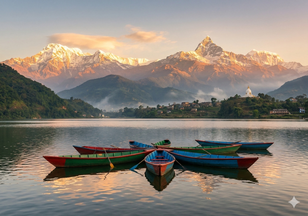 Pokhara Phewa Lake colorful boats Machhapuchhre Annapurna sunrise