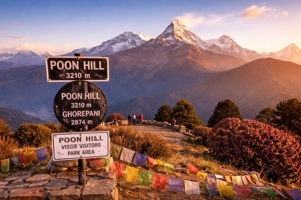 Poon Hill 3210m viewpoint Ghorepani sunrise with Machapuchare and rhododendrons