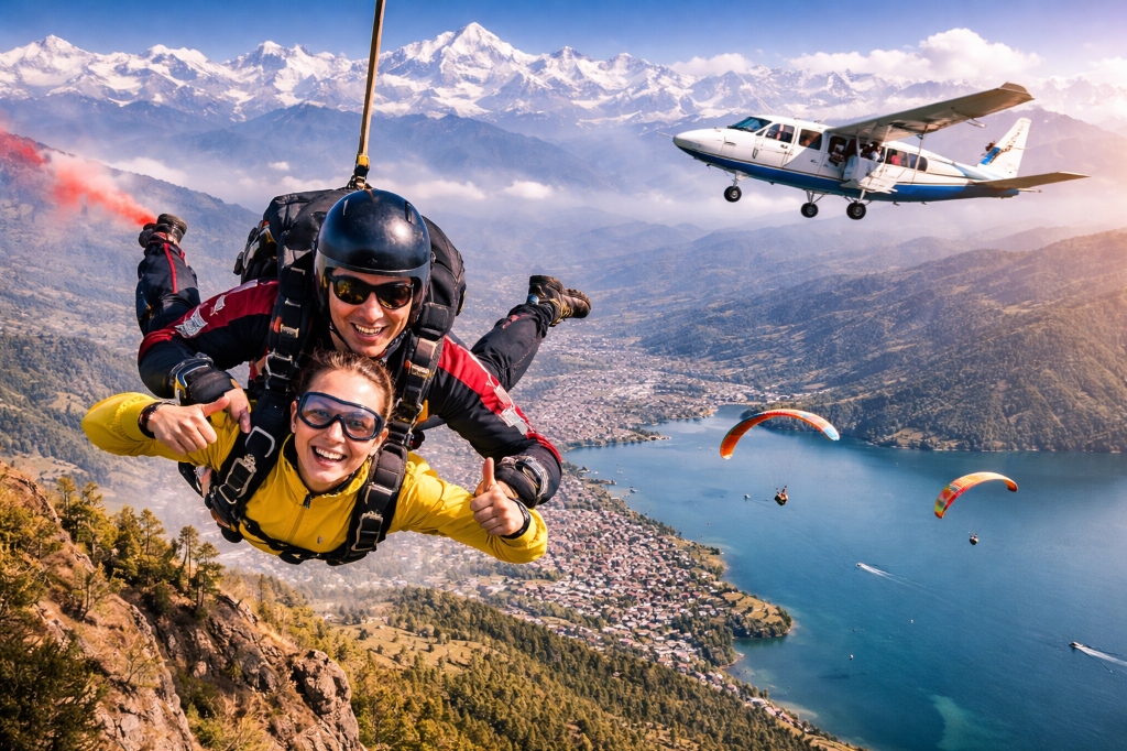 Tandem skydiving over Pokhara Phewa Lake with Himalayan mountain views
