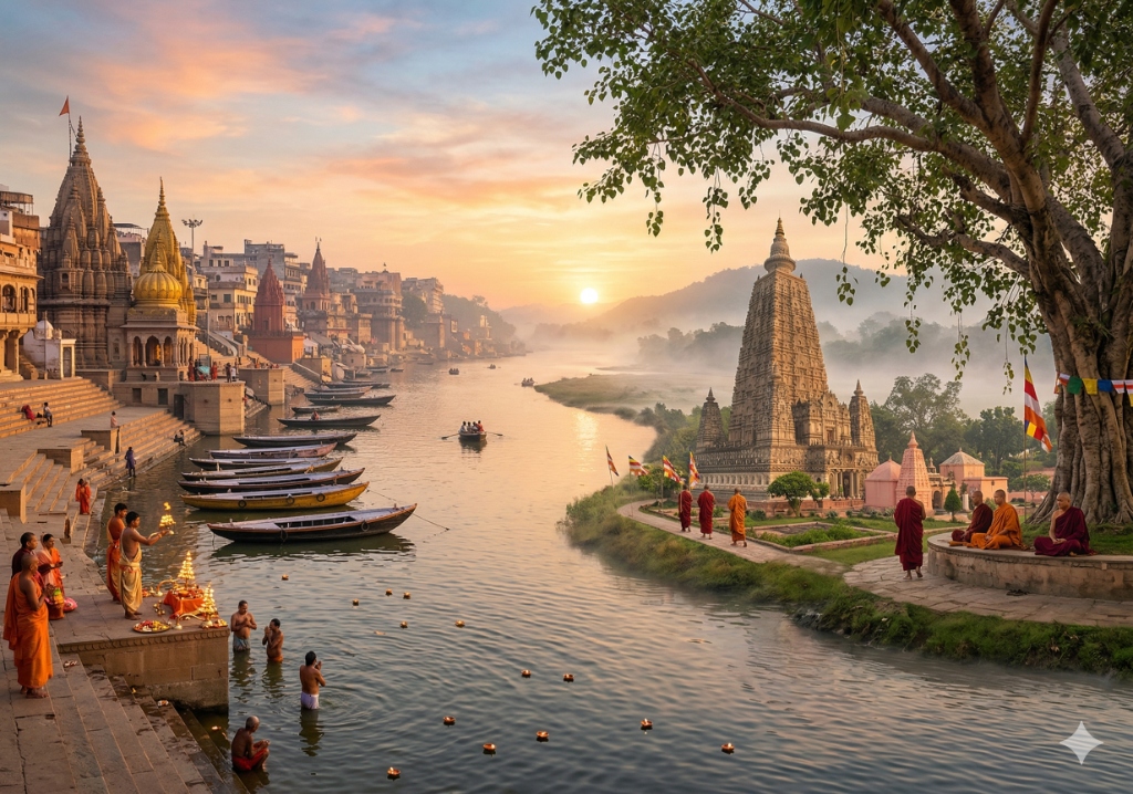 Varanasi Ganges ghats and Bodhgaya Mahabodhi Temple pilgrimage
